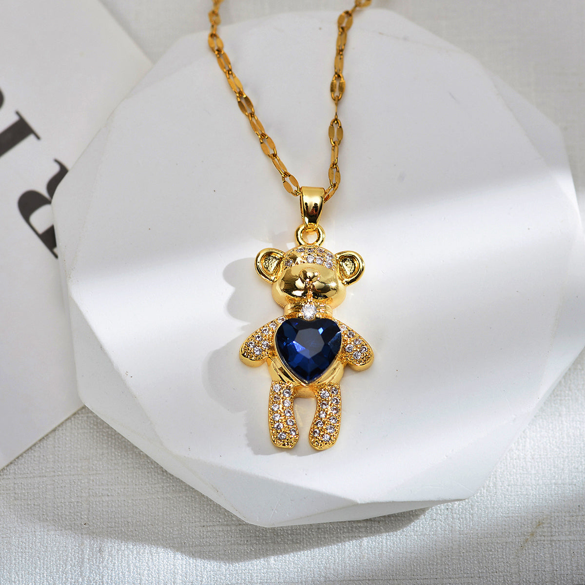 Cute Animal Bear Heart Shape Titanium Steel Copper Inlay Zircon Pendant Necklace