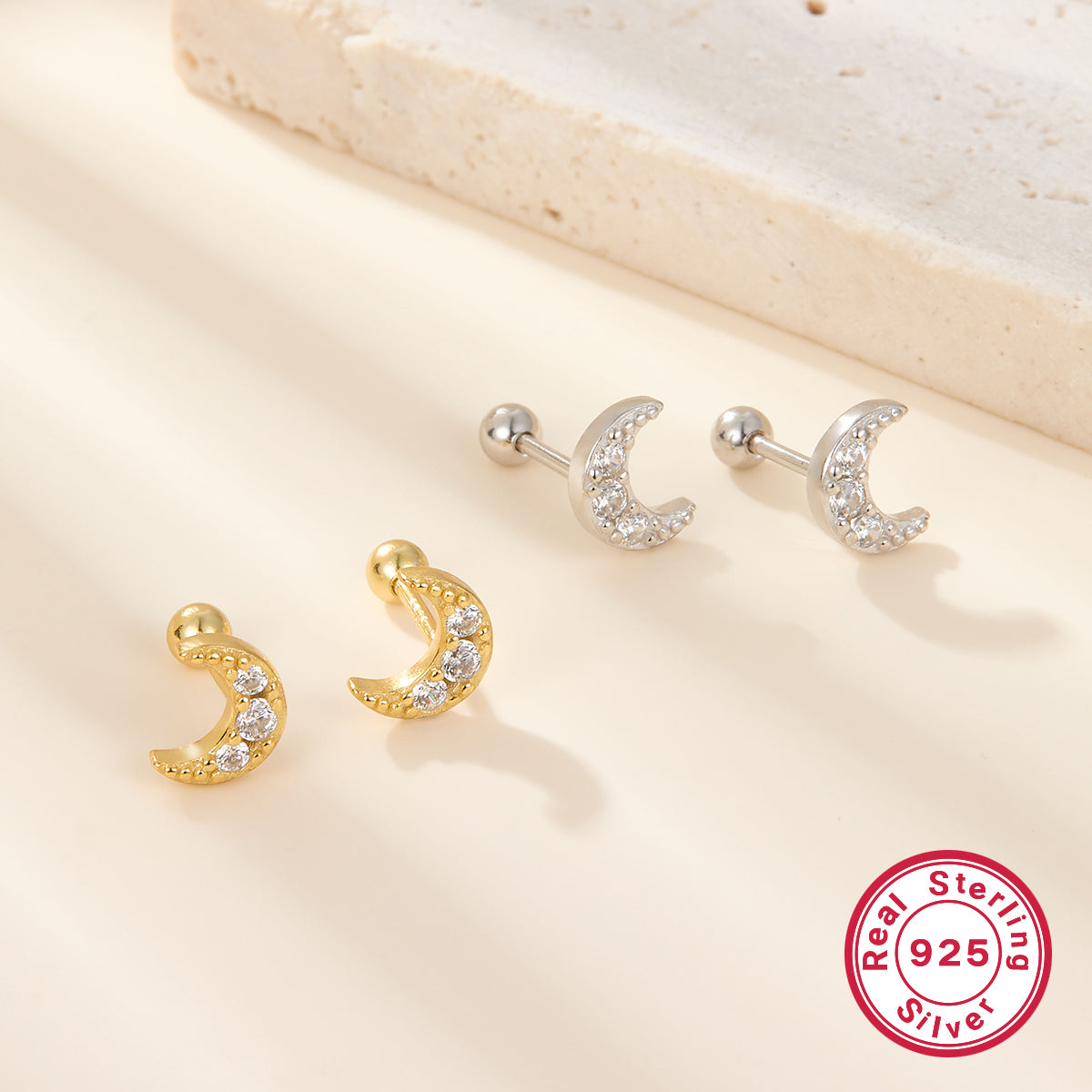 1 Pair Casual Elegant Cute Moon Plating Inlay Sterling Silver Zircon 18k Gold Plated White Gold Plated Ear Studs