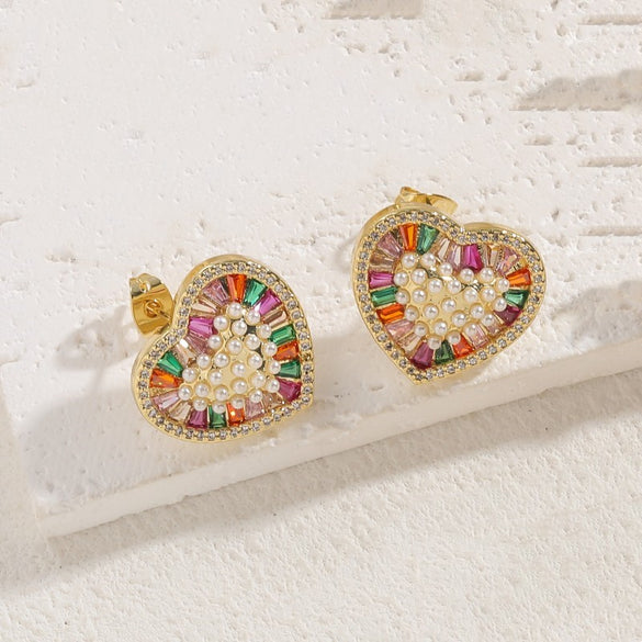 1 Pair Classic Style Heart Shape Asymmetrical Plating Inlay Copper Pearl Zircon 14k Gold Plated Ear Studs