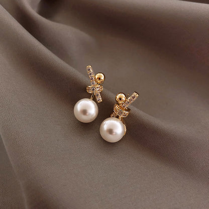 1 Pair Simple Style Round Inlay Alloy Pearl Zircon Drop Earrings