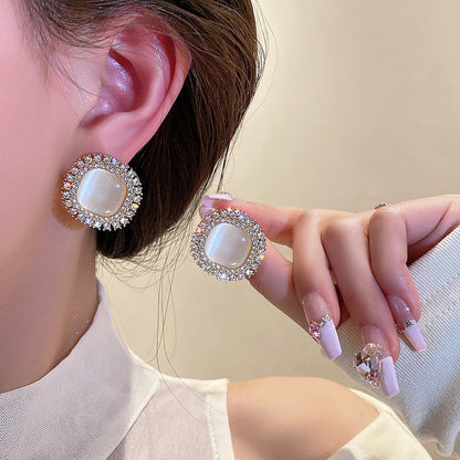 1 Pair Simple Style Round Inlay Alloy Pearl Zircon Drop Earrings