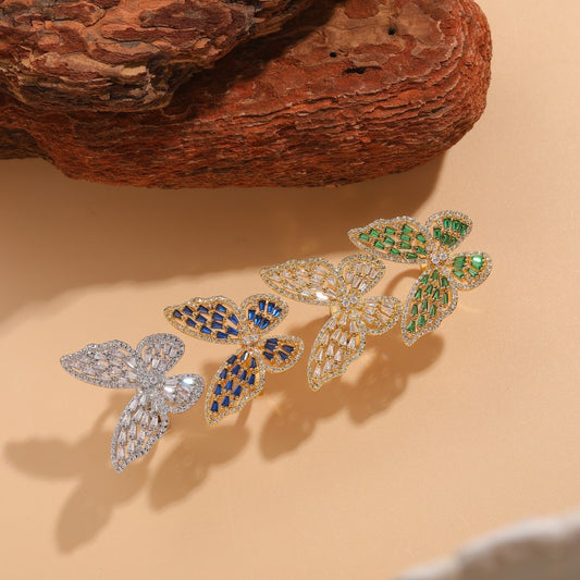 Elegant Classic Style Butterfly Copper Asymmetrical Plating Inlay Zircon 14k Gold Plated Open Rings