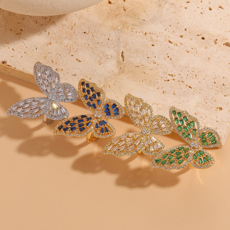 Elegant Classic Style Butterfly Copper Asymmetrical Plating Inlay Zircon 14k Gold Plated Open Rings