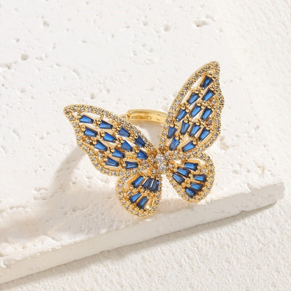 Elegant Classic Style Butterfly Copper Asymmetrical Plating Inlay Zircon 14k Gold Plated Open Rings