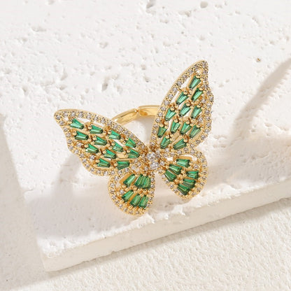 Elegant Classic Style Butterfly Copper Asymmetrical Plating Inlay Zircon 14k Gold Plated Open Rings