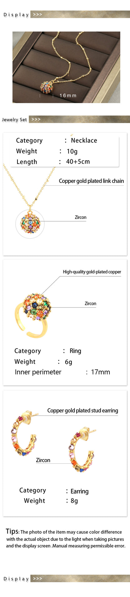 Shiny C Shape Round Copper 18k Gold Plated Zircon Rings Earrings Necklace In Bulk