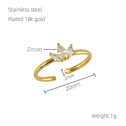 Simple Style Shamrock Stainless Steel Inlay Zircon 18k Gold Plated Open Rings