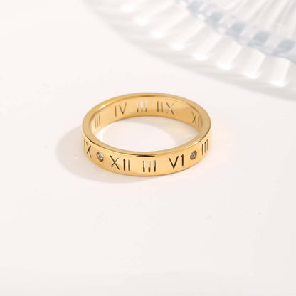 Simple Style Classic Style Circle Roman Numeral Checkered Titanium Steel Copper Plating Inlay Zircon Gold Plated Rings