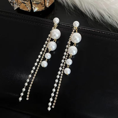 1 Pair Korean Style Solid Color Inlay Alloy Rhinestones Pearl Gold Plated Drop Earrings