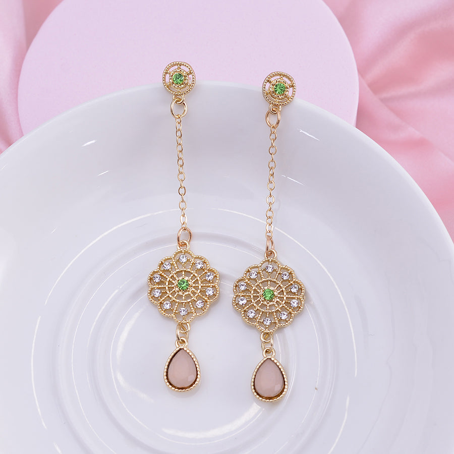 1 Pair Sweet Artistic Water Droplets Tassel Lotus Hollow Out Inlay Alloy Rhinestones Drop Earrings