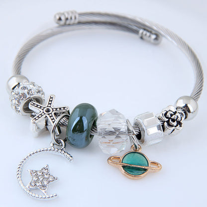 Lady Streetwear Star Moon Stainless Steel Alloy Inlay Rhinestones Bangle