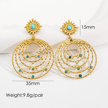 1 Pair Bohemian Round Plating Inlay Stainless Steel Natural Stone Zircon Drop Earrings