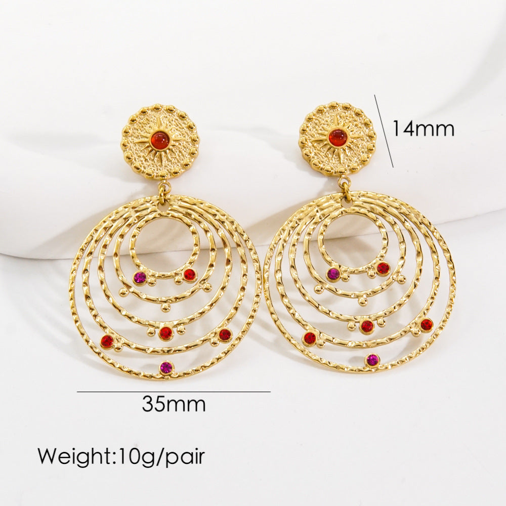 1 Pair Bohemian Round Plating Inlay Stainless Steel Natural Stone Zircon Drop Earrings