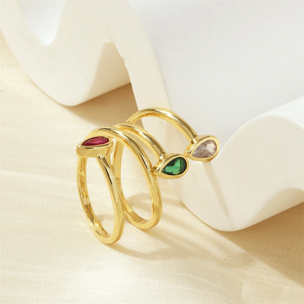 Luxurious Shiny Water Droplets Copper Plating Inlay Zircon 18k Gold Plated Open Rings