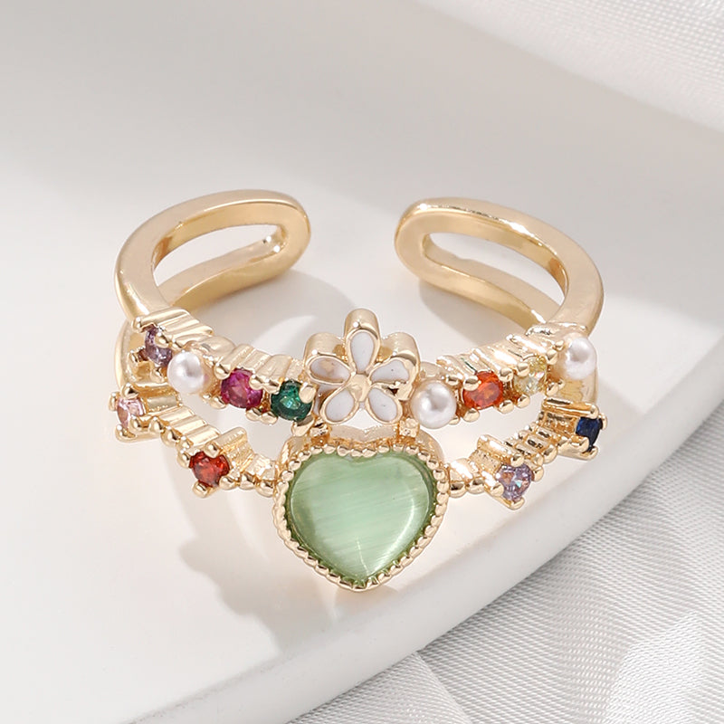 Elegant Lady Heart Shape Flower Copper Inlay Zircon Open Rings