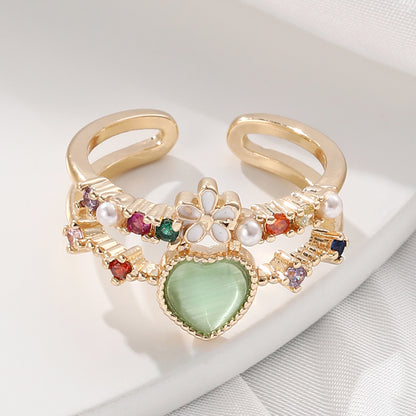 Elegant Lady Heart Shape Flower Copper Inlay Zircon Open Rings