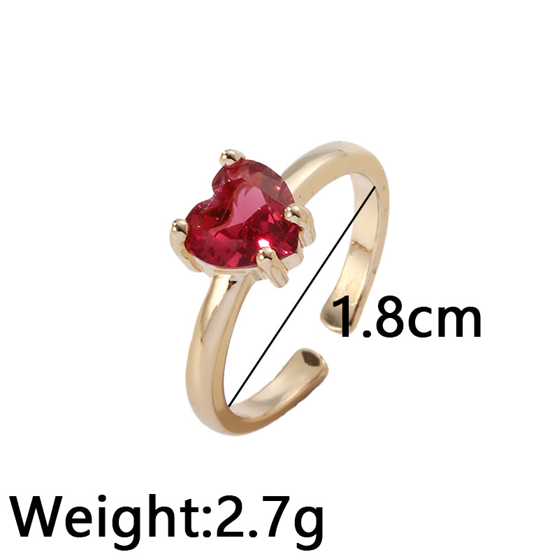 Sweet Korean Style Heart Shape Copper Inlay Zircon Open Rings