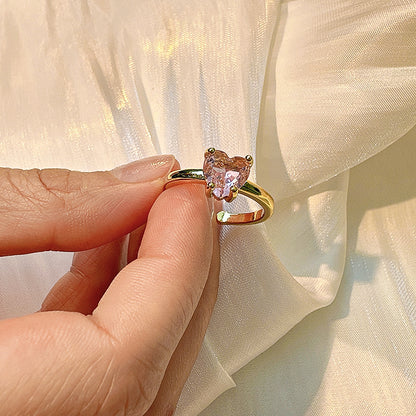 Sweet Korean Style Heart Shape Copper Inlay Zircon Open Rings