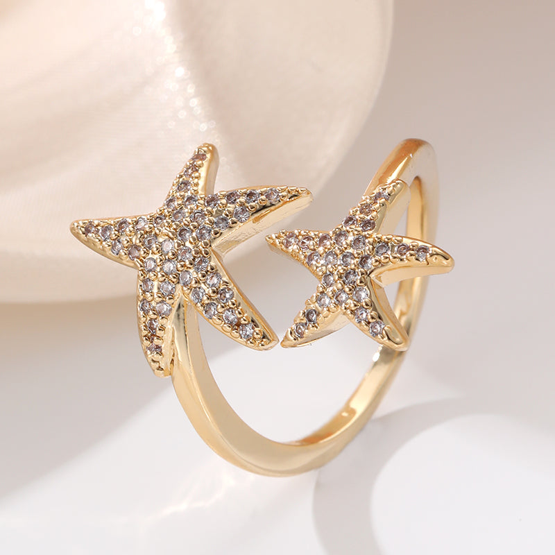 Elegant Streetwear Pentagram Copper Inlay Zircon Open Rings