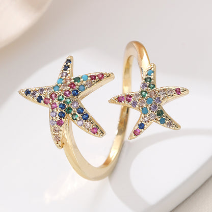 Elegant Streetwear Pentagram Copper Inlay Zircon Open Rings