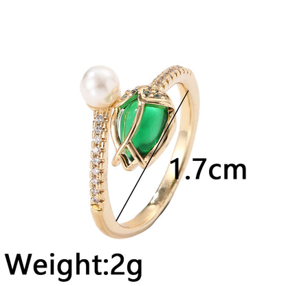 Elegant Retro Geometric Copper Inlay Artificial Pearls Zircon Open Rings