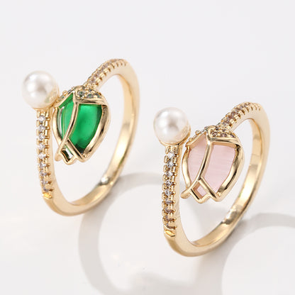 Elegant Retro Geometric Copper Inlay Artificial Pearls Zircon Open Rings