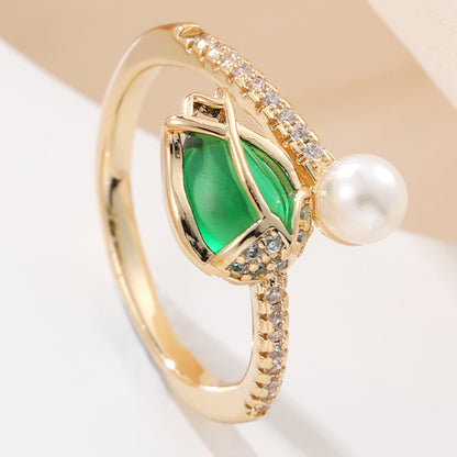 Elegant Retro Geometric Copper Inlay Artificial Pearls Zircon Open Rings