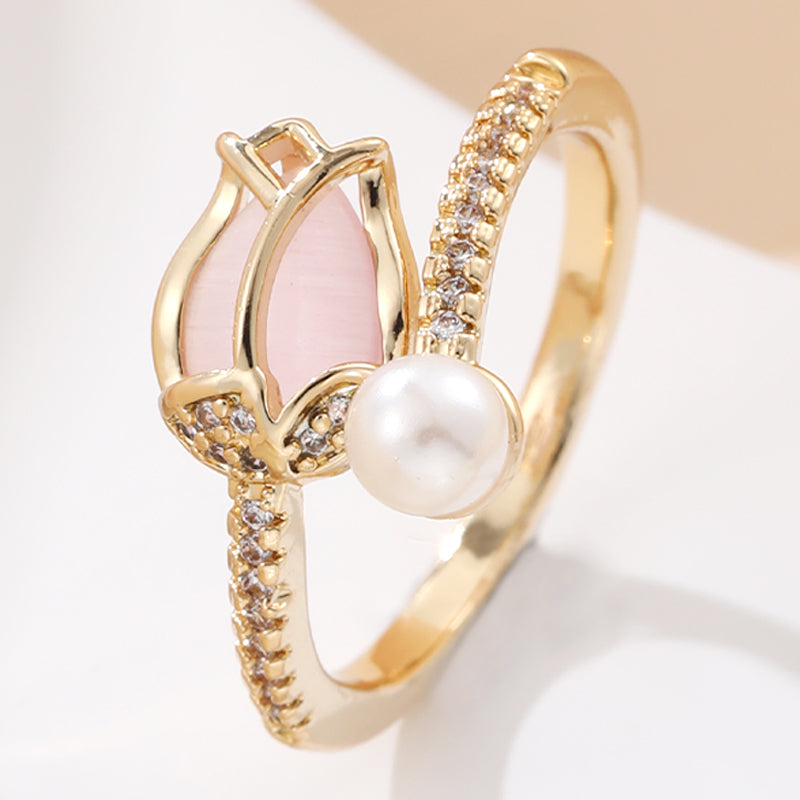 Elegant Retro Geometric Copper Inlay Artificial Pearls Zircon Open Rings