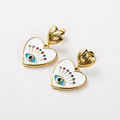 1 Pair Retro Devil's Eye Heart Shape Enamel Inlay Stainless Steel Rhinestones Earrings