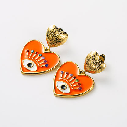 1 Pair Retro Devil's Eye Heart Shape Enamel Inlay Stainless Steel Rhinestones Earrings