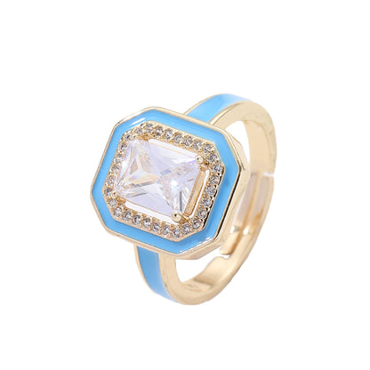 Retro Geometric Copper Enamel Inlay Zircon Open Rings