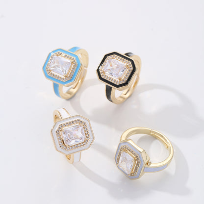 Retro Geometric Copper Enamel Inlay Zircon Open Rings