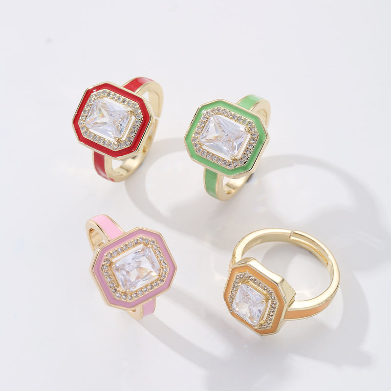 Retro Geometric Copper Enamel Inlay Zircon Open Rings