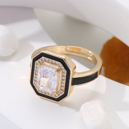 Retro Geometric Copper Enamel Inlay Zircon Open Rings