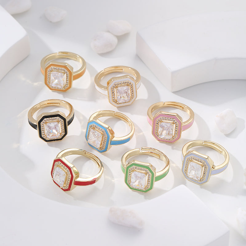 Retro Geometric Copper Enamel Inlay Zircon Open Rings