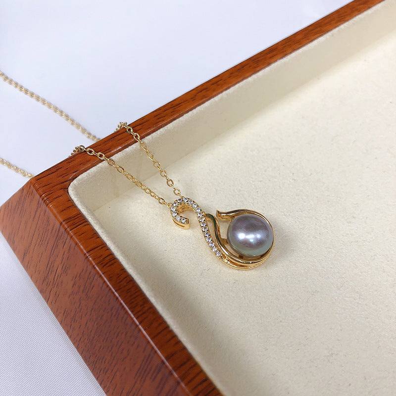 Lady Irregular Copper Inlay Freshwater Pearl Zircon Pendant Necklace