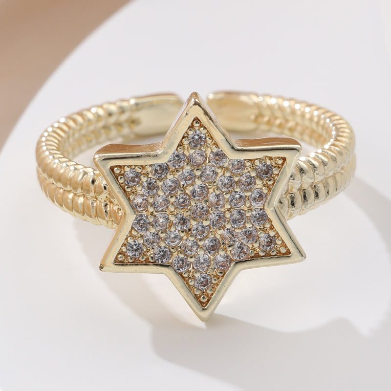 Casual Korean Style Star Copper Inlay Zircon Open Rings