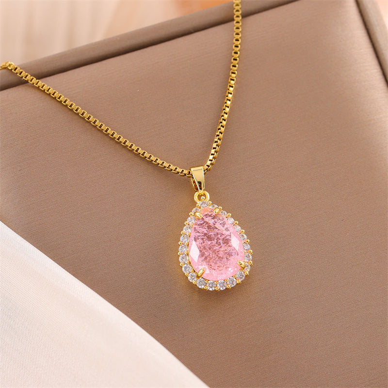 Sweet Round Oval Heart Shape Stainless Steel Plating Inlay Artificial Diamond 18k Gold Plated Pendant Necklace