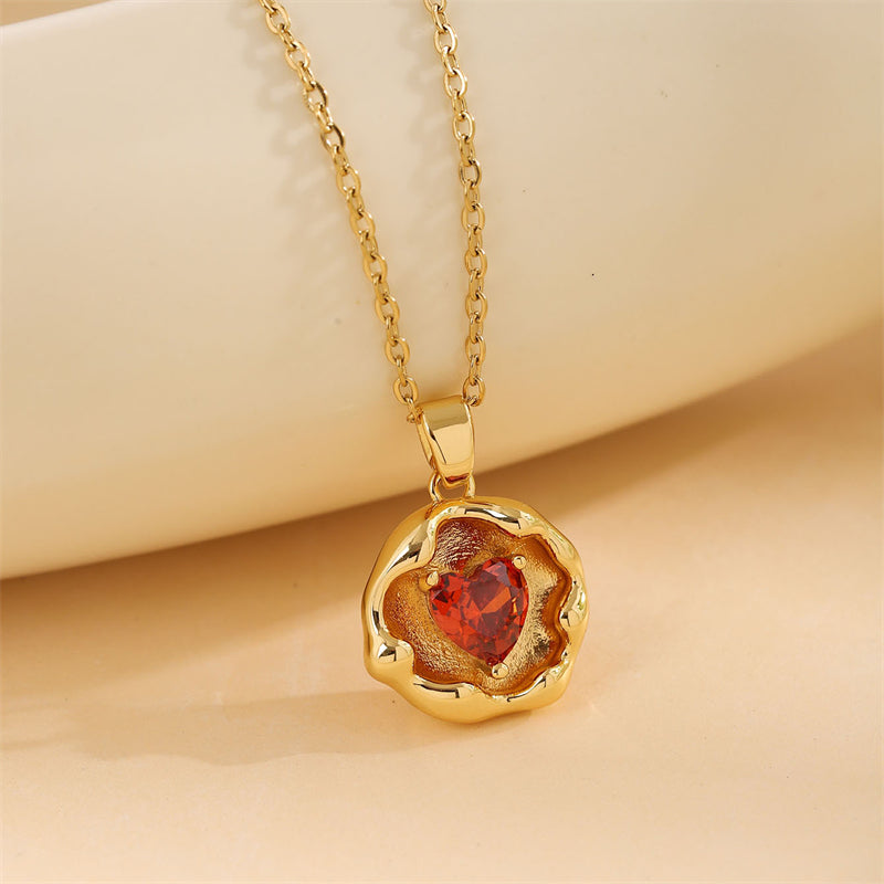 Sweet Round Oval Heart Shape Stainless Steel Plating Inlay Artificial Diamond 18k Gold Plated Pendant Necklace