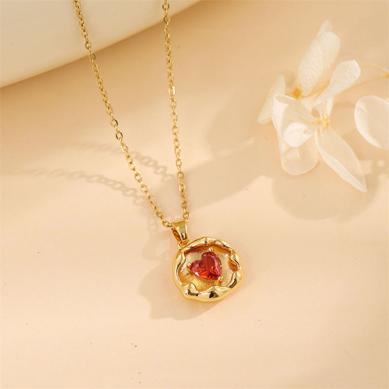 Sweet Round Oval Heart Shape Stainless Steel Plating Inlay Artificial Diamond 18k Gold Plated Pendant Necklace