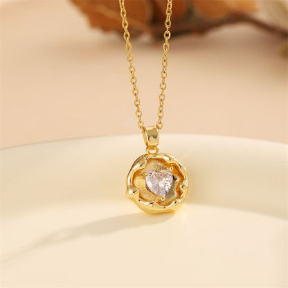 Sweet Round Oval Heart Shape Stainless Steel Plating Inlay Artificial Diamond 18k Gold Plated Pendant Necklace