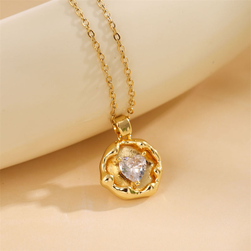 Sweet Round Oval Heart Shape Stainless Steel Plating Inlay Artificial Diamond 18k Gold Plated Pendant Necklace