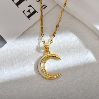 Elegant Luxurious Moon Titanium Steel Copper Enamel Plating Inlay Zircon 18k Gold Plated Pendant Necklace