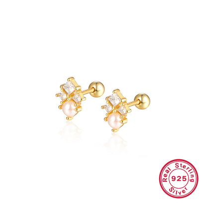 1 Pair Ig Style Simple Style Shiny Rhombus Plating Inlay Sterling Silver Artificial Pearls Zircon 18k Gold Plated White Gold Plated Ear Studs