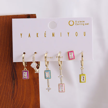 1 Set Yakemiyou Casual Rectangle Asymmetrical Enamel Copper Zircon 14k Gold Plated Ear Studs