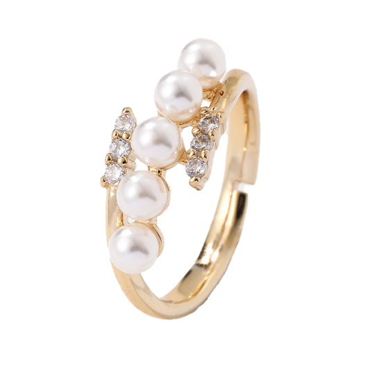 Ig Style Elegant Korean Style Geometric Copper Inlay Artificial Pearls Rhinestones Open Rings