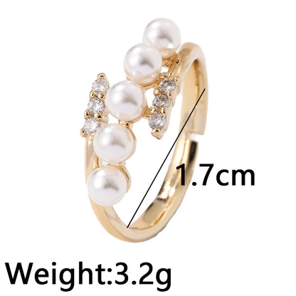 Ig Style Elegant Korean Style Geometric Copper Inlay Artificial Pearls Rhinestones Open Rings