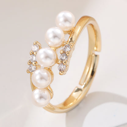 Ig Style Elegant Korean Style Geometric Copper Inlay Artificial Pearls Rhinestones Open Rings