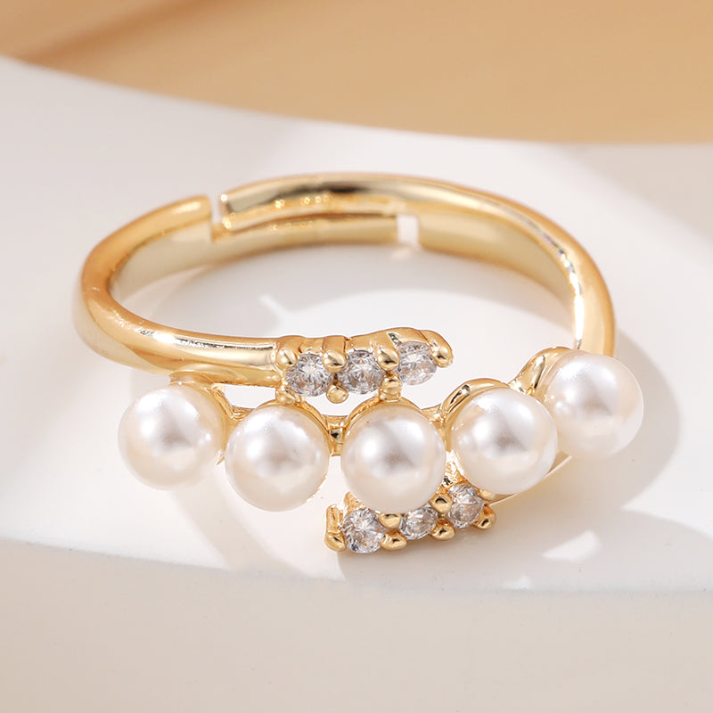 Ig Style Elegant Korean Style Geometric Copper Inlay Artificial Pearls Rhinestones Open Rings