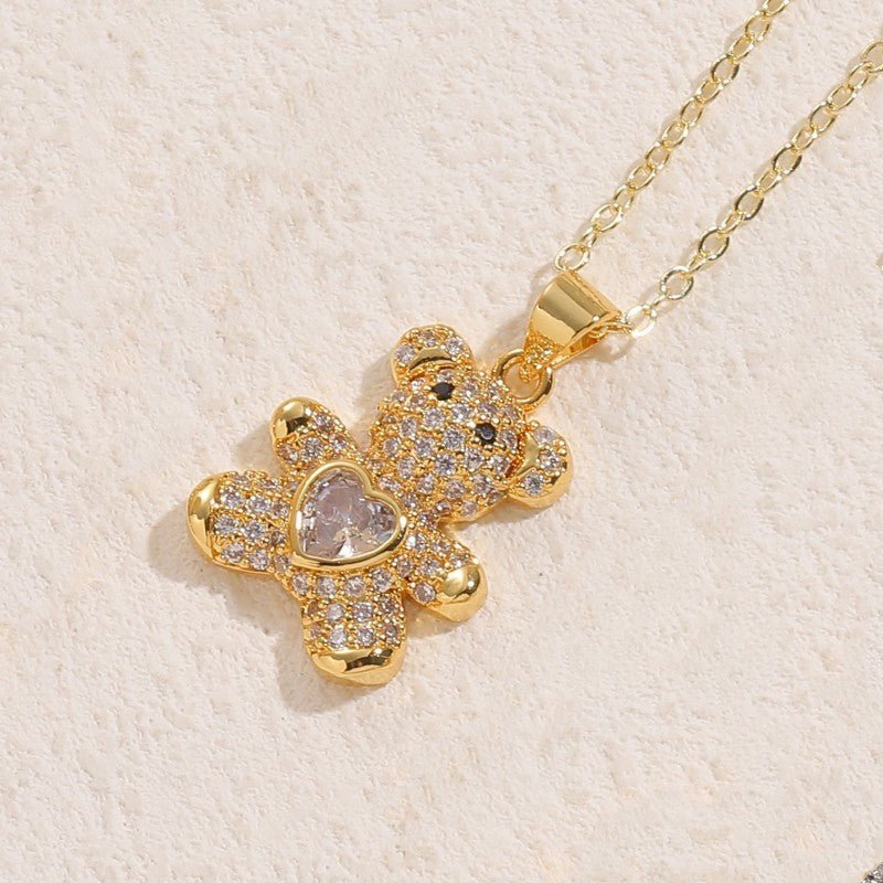 Cute Streetwear Bear Brass 14k Gold Plated White Gold Plated Zircon Pendant Necklace In Bulk